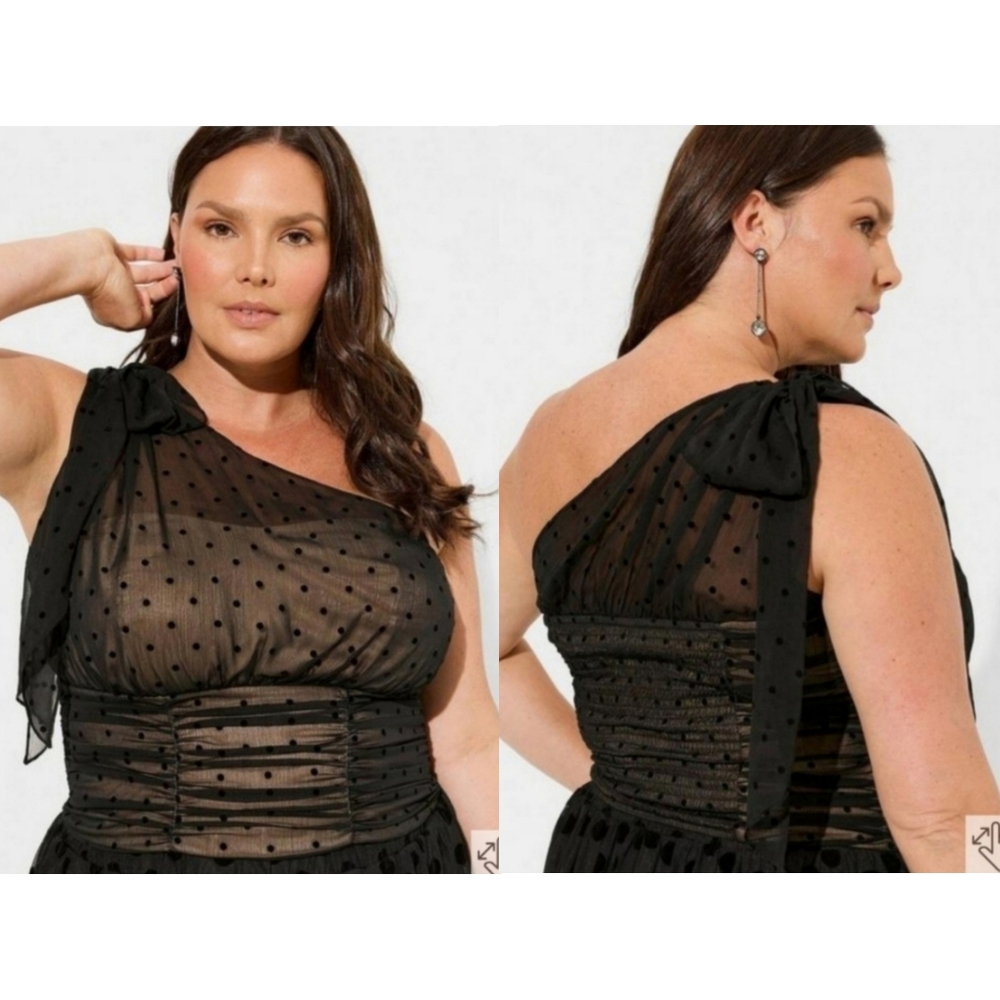 NWT: Torrid Black/Tan Chiffon One-Shoulder Polka Dot Crop Top, Size Large